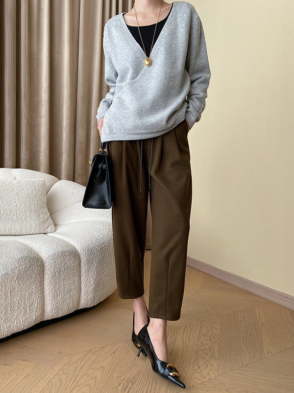 xakxx Long Sleeves Loose Asymmetric Buttoned V-neck Sweater Tops