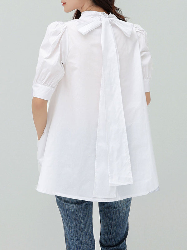 xakxx Casual Loose Bow-Embellished Solid Color Blouse