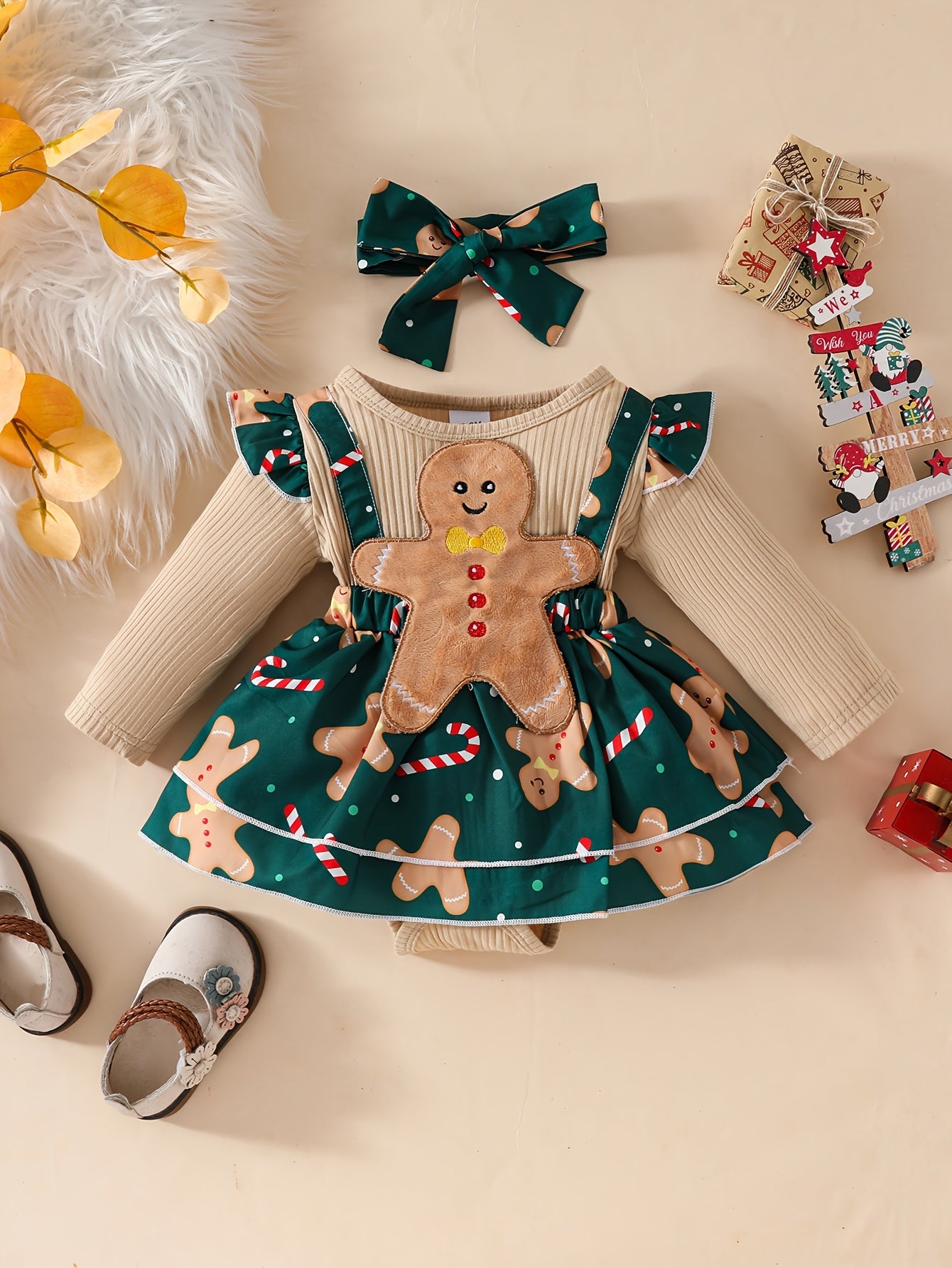 Baby's Christmas Element Patchwork Faux Two-piece Ribbed Long Sleeve Romper Dress + Hairband, Infant & Toddler Girl's Dress For Daily Wear/Holiday/Party, As Gift