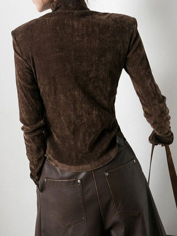 xakxx Long Sleeves Skinny Solid Color Split-Front Split-Joint High Neck T-Shirts
