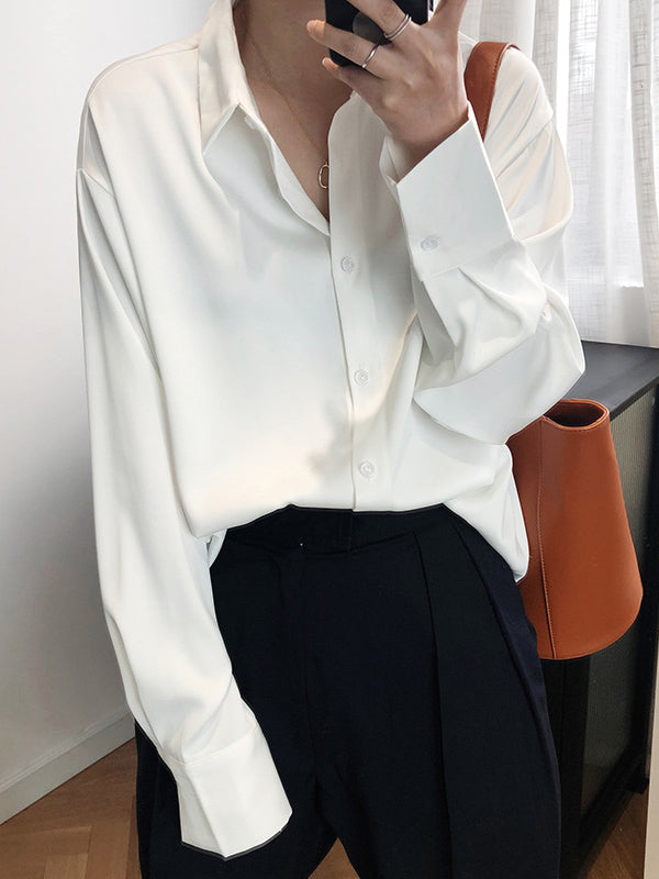 xakxx Simple Solid Color Satin Chiffon Long Sleeve Blouse