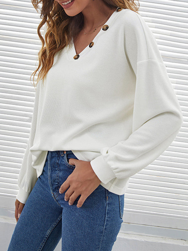 xakxx Long Sleeves Loose Buttoned V-Neck T-Shirts Tops
