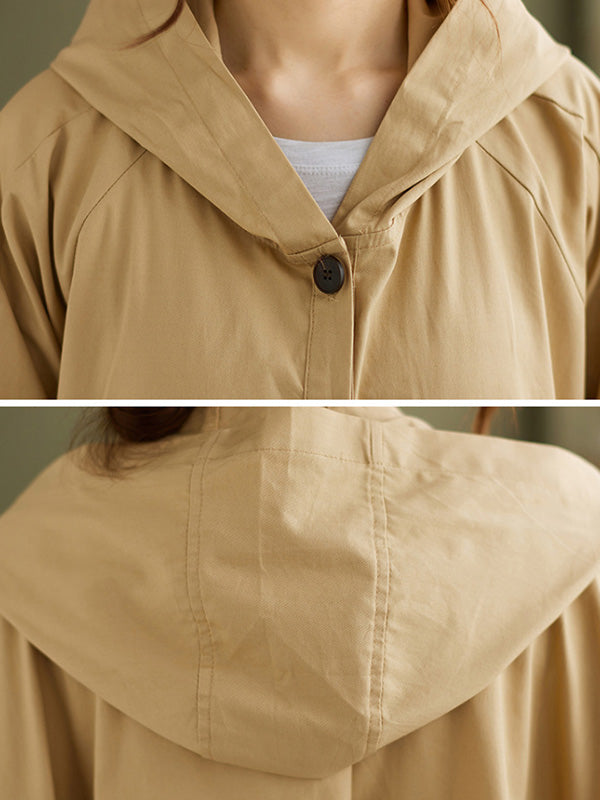 xakxx Loose Solid Color Buttoned Hooded Long Sleeves Trench Coat