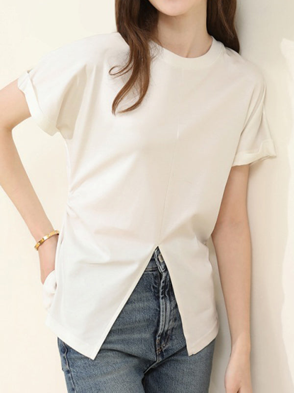 xakxx Batwing Sleeves Loose Pleated Solid Color Split-Front Split-Joint Round-Neck T-Shirts