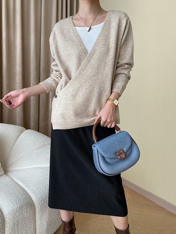 xakxx Long Sleeves Loose Asymmetric Buttoned V-neck Sweater Tops