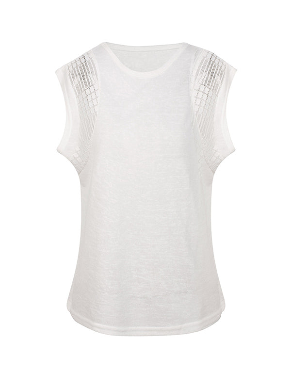 xakxx Batwing Sleeves Loose Hollow Lace Split-Joint Round-Neck T-Shirts Tops