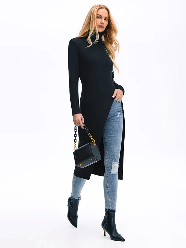 xakxx Simple Skinny Split-Side Solid Color High-Neck T-Shirts Tops