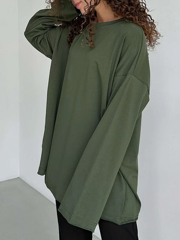 xakxx Long Sleeves Loose Solid Color Round-Neck T-Shirts Tops