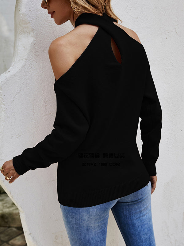xakxx Casual Long Sleeves Solid Color Halter-Neck Sweater Tops