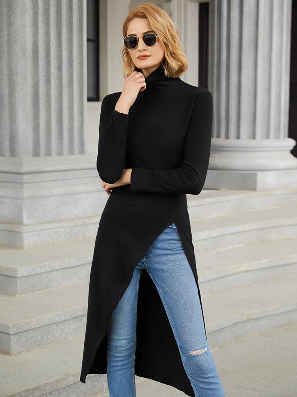 xakxx Simple Skinny Split-Side Solid Color High-Neck T-Shirts Tops