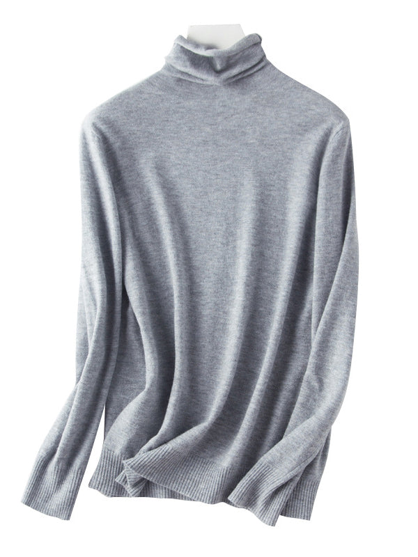 xakxx Simple Loose Long Sleeves Solid Color High-Neck Sweater Tops