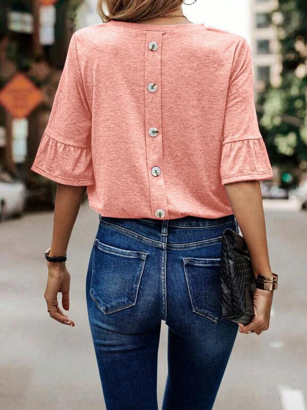 xakxx Ruffle Sleeves Asymmetric Buttoned Solid Color Split-Joint Round-Neck T-Shirts Tops