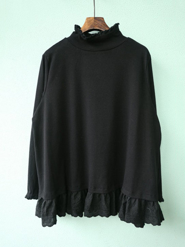 xakxx Original Creation Long Sleeves Loose Ruffled Solid Color Stand Collar T-Shirts Tops
