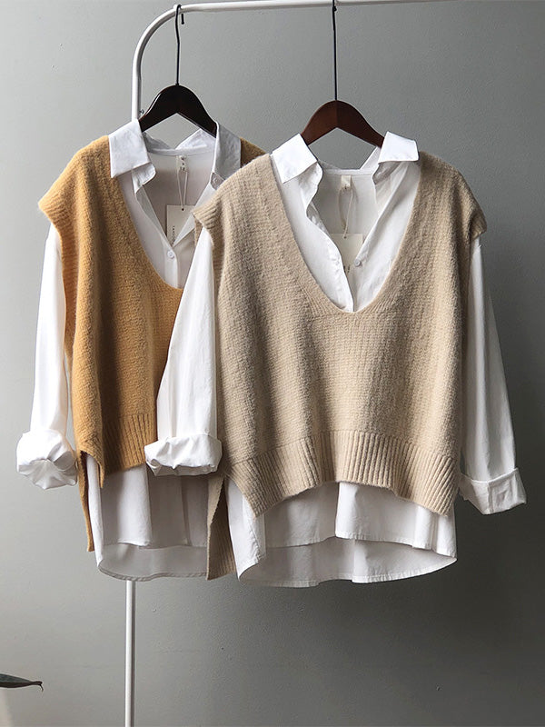 xakxx Knitting Irregularity Solid V-Neck Vest