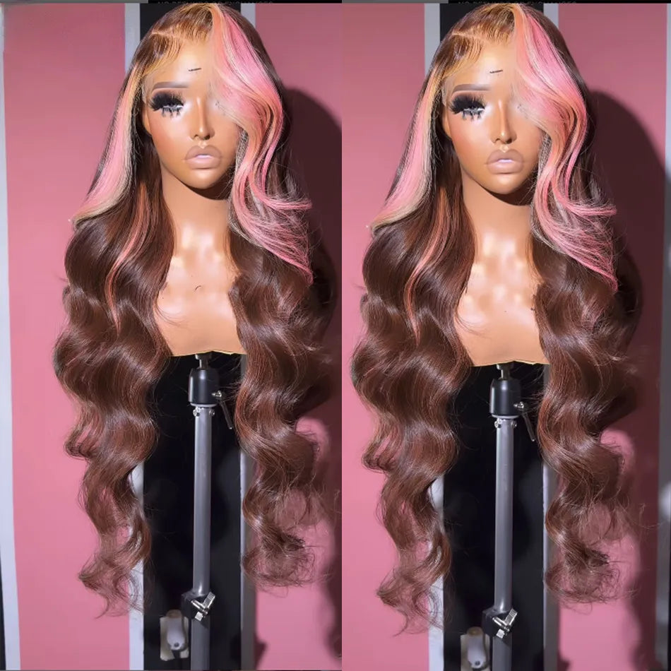 40 Inches Brown Pink Lace Front Wig Hightlight Pink Human Hair Wigs for Women Colored Straight HD 13X4 Synthetic Lace Frontal Wig Cosplay