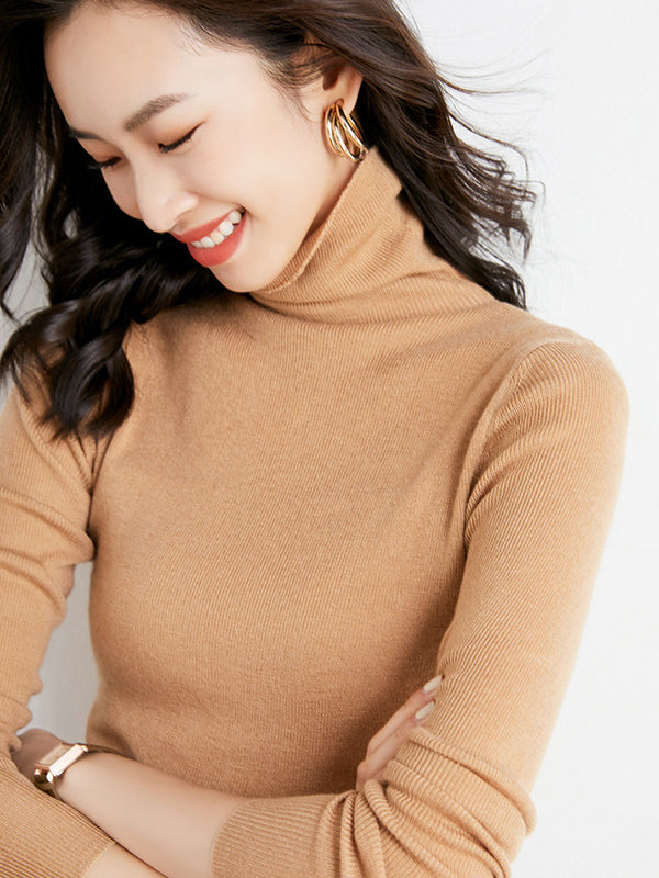 xakxx Simple Skinny Long Sleeves Solid Color High-Neck Sweater Tops Pullovers