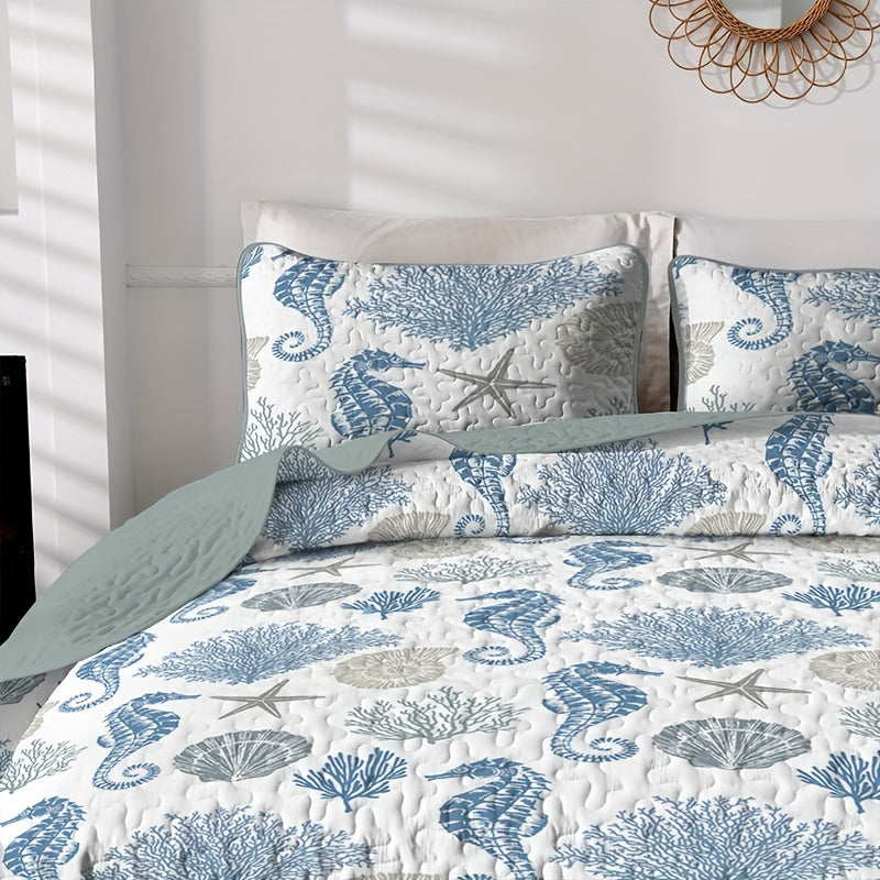 3pcs Vibrant Seahorse & Sea Star Bedspread Set - Soft, Light, Beach-Inspired Family Bedroom Decor - No Filling, Easy Care, Hypoallergenic, All-Season Comfort