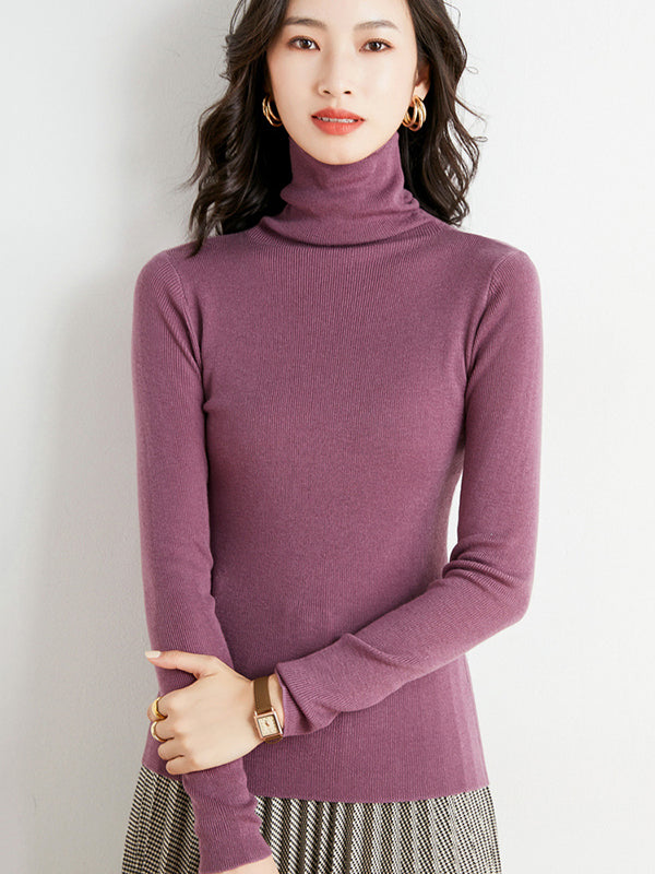 xakxx Simple Skinny Long Sleeves Solid Color High-Neck Sweater Tops Pullovers