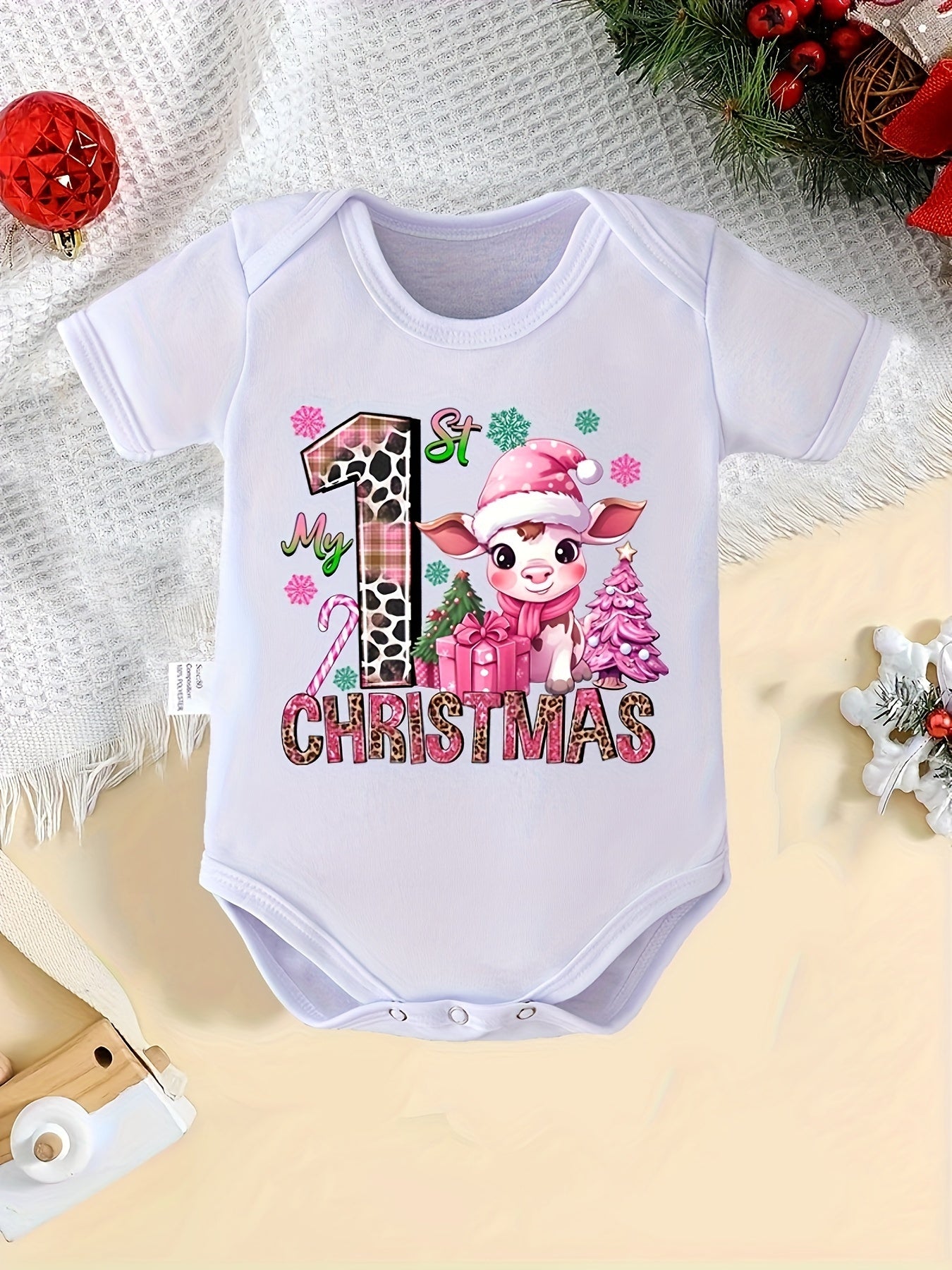 Baby's "My 1st Christmas" Cow Print Short Sleeve Triangle Bodysuit, Toddler & Infant Girl's Comfy Outdoor Clothes
