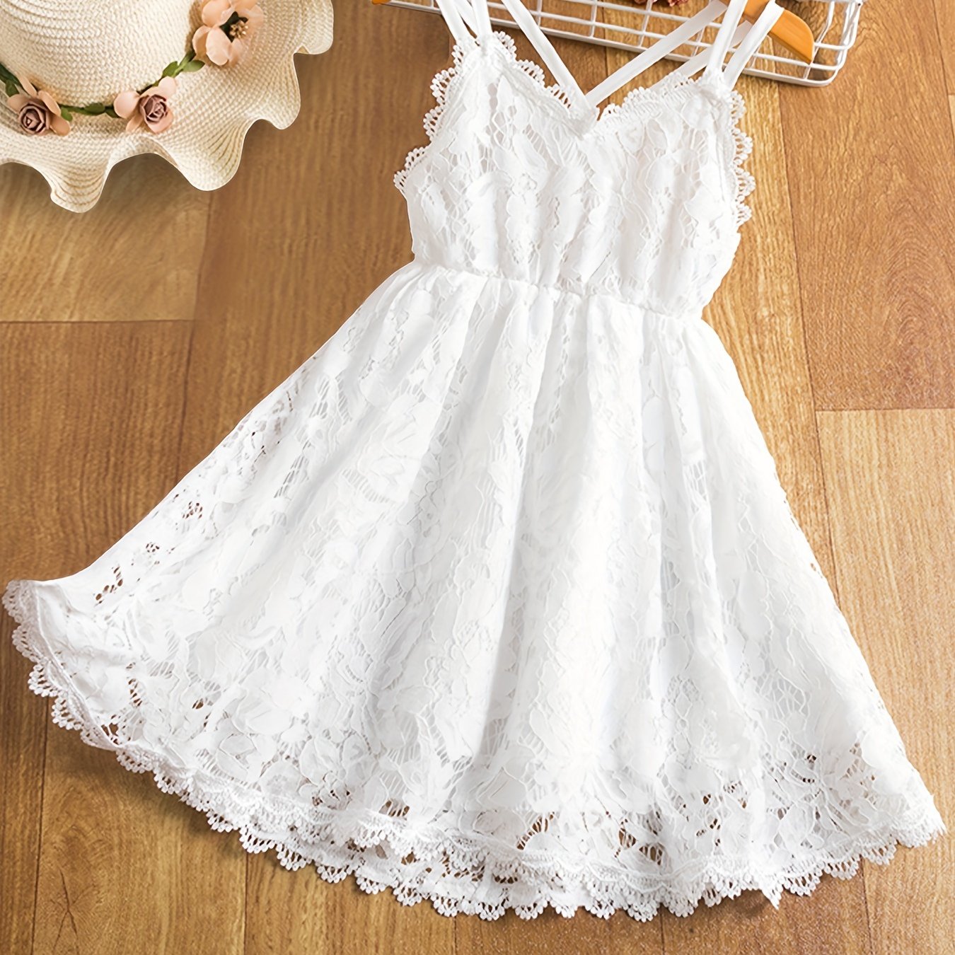 Girls Chic Slingback Lace Suspender Dress - Backless, Non-Stretch Polycotton Fabric, Solid Color, Regular Fit, Perfect for Summer Daily Fashion and Party Princess Occasions
