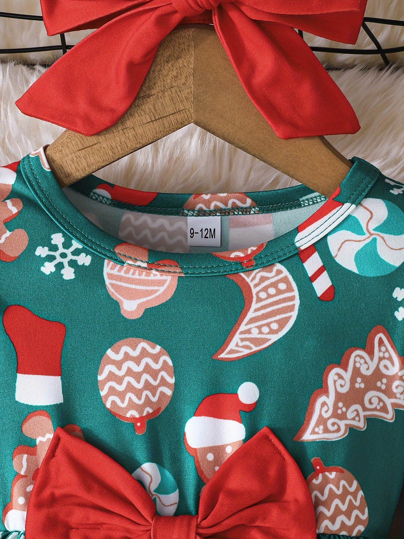 Adorable Girls' Christmas Dress with Festive Print & Matching Solid Color Headband - Long Sleeve, Round Neck, Machine Washable - Perfect for Holiday Outfits, Christmas Elements, Girls' Clothing
