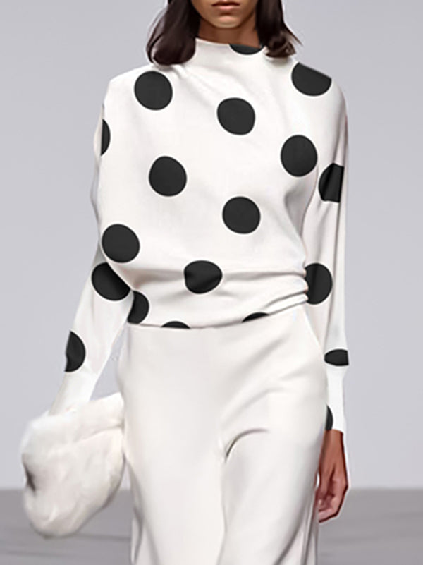 xakxx Long Sleeves Loose Polka Dot Stand Collar T-Shirts