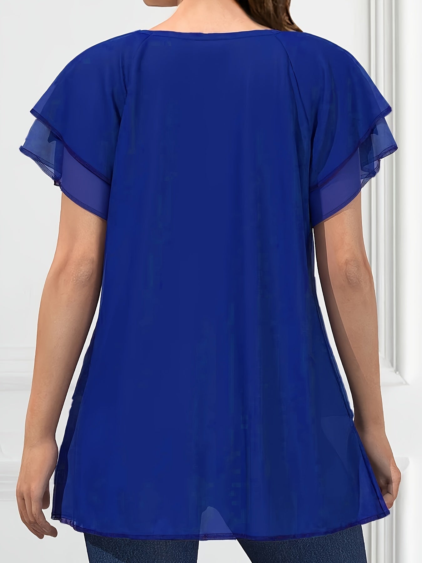 Vibrant Color Crew Neck Blouse - Ruffled Sleeve, Layered, Casual, Spring & Summer Essential - Women's Clothing for Everyday Wear