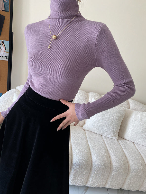 xakxx Simple Skinny Long Sleeves Solid Color High-Neck Pullovers