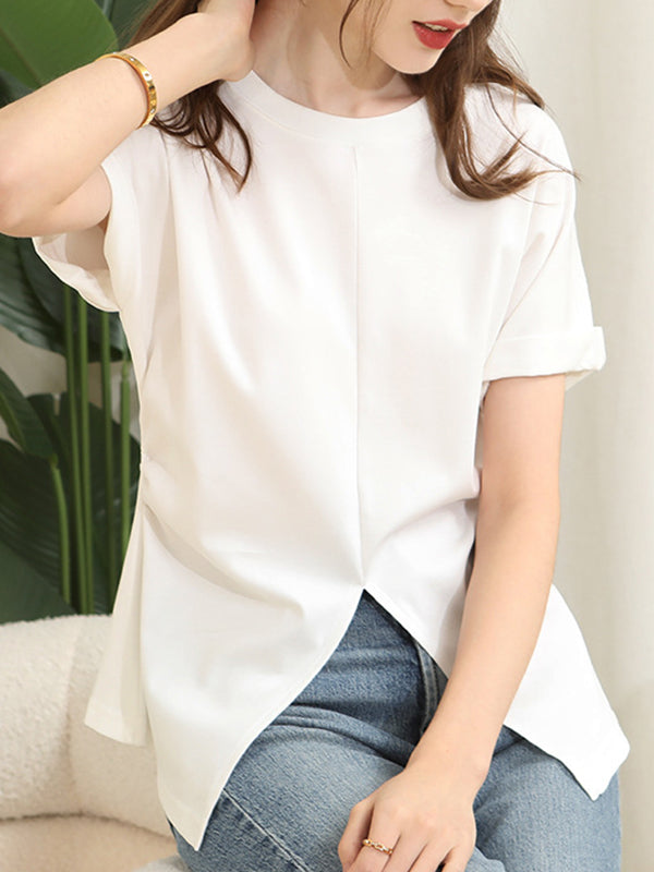 xakxx Batwing Sleeves Loose Pleated Solid Color Split-Front Split-Joint Round-Neck T-Shirts