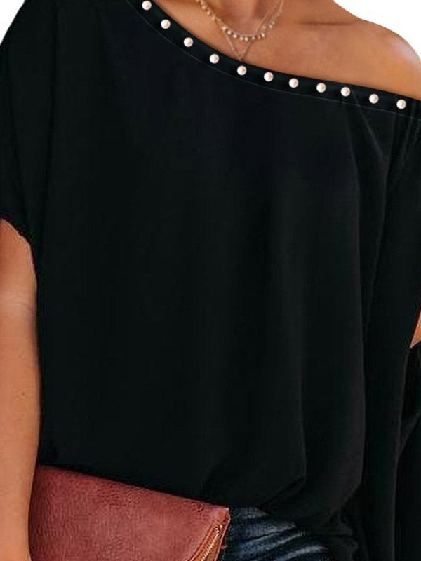 xakxx Loose Raglan Sleeve Beaded One-Shoulder T-Shirts Tops