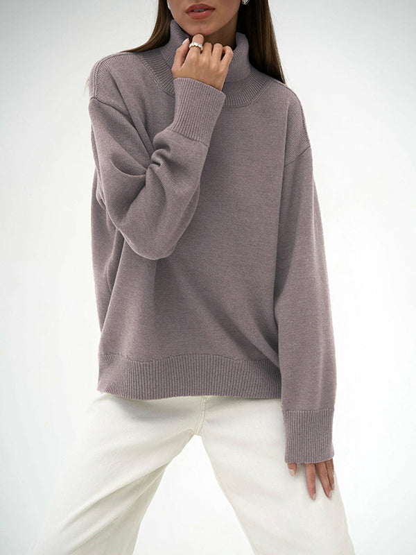 xakxx Long Sleeves Loose Solid Color High Neck Knitwear Pullovers Sweater Tops