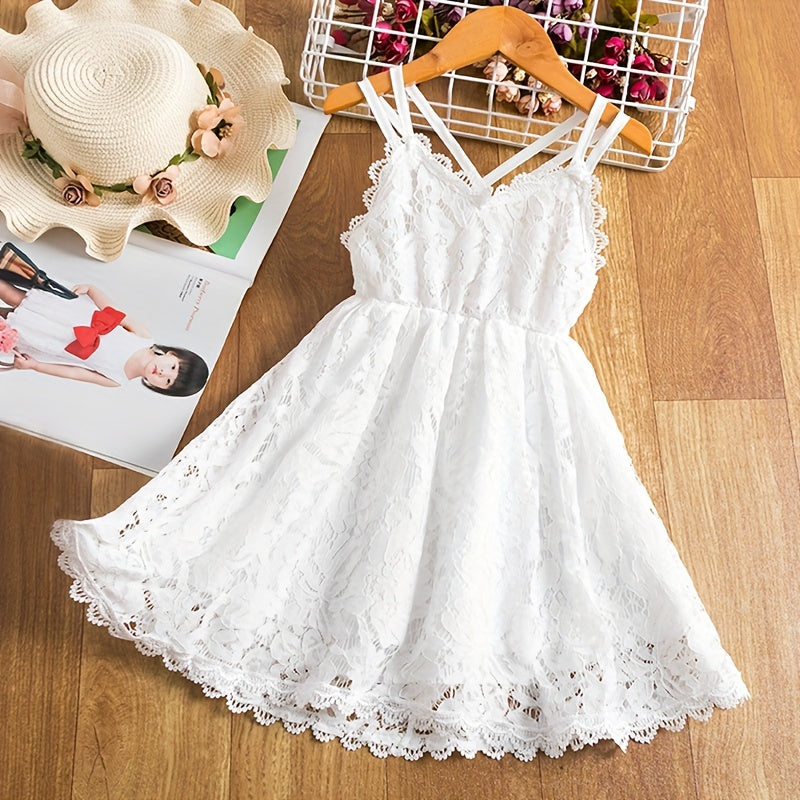 Girls Chic Slingback Lace Suspender Dress - Backless, Non-Stretch Polycotton Fabric, Solid Color, Regular Fit, Perfect for Summer Daily Fashion and Party Princess Occasions