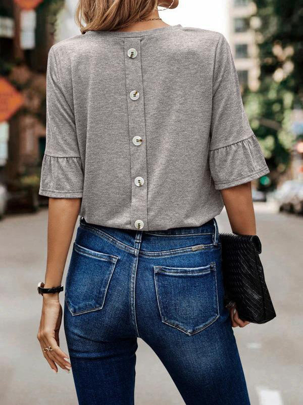 xakxx Ruffle Sleeves Asymmetric Buttoned Solid Color Split-Joint Round-Neck T-Shirts Tops