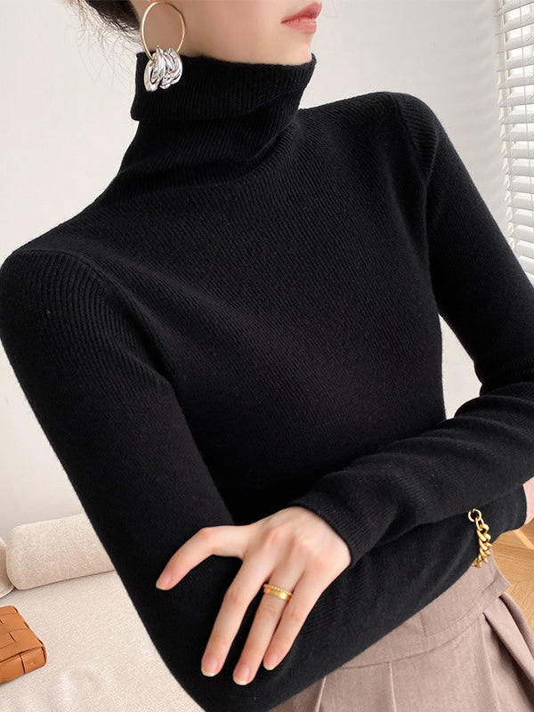 xakxx Simple Skinny Long Sleeves Solid Color Sweater Tops
