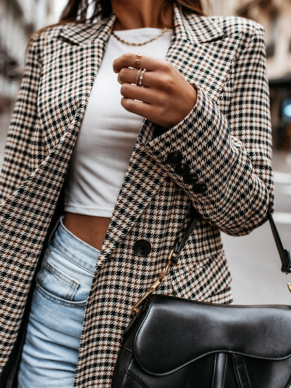 xakxx Long Sleeves Loose Buttoned Houndstooth Notched Collar Blazer Outerwear