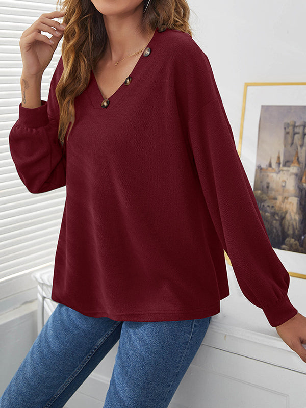 xakxx Long Sleeves Loose Buttoned V-Neck T-Shirts Tops