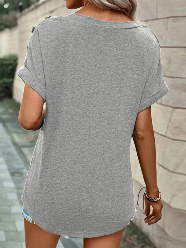 xakxx Loose Short Sleeves Buttoned Solid Color V-Neck T-Shirts Tops