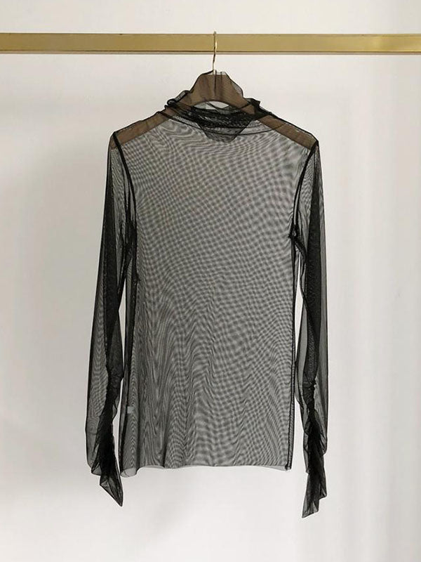 xakxx Long Sleeves Skinny Gauze See-Through Solid Color High Neck T-Shirts