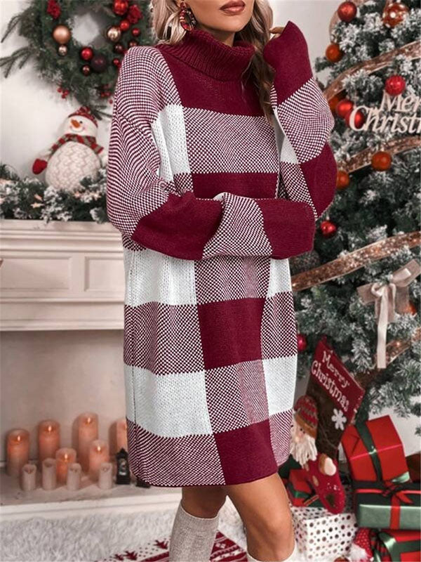 xakxx Long Sleeves Loose Contrast Color Plaid High Neck Mini Dresses Sweater Dresses