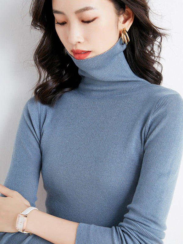 xakxx Simple Skinny Long Sleeves Solid Color High-Neck Sweater Tops Pullovers