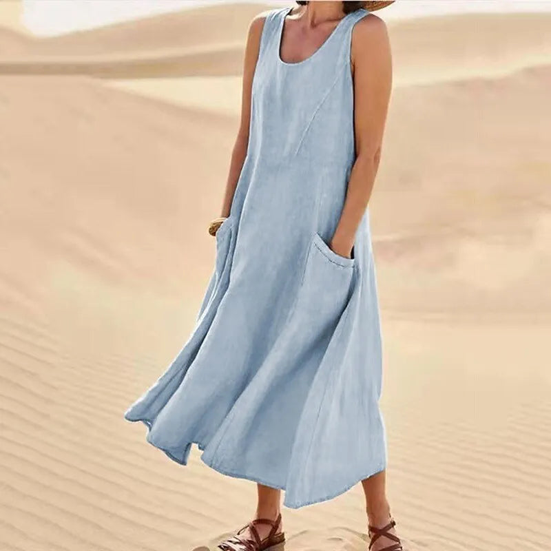 Hot Summer women Casual Dresses pocket sleeveless round neck women's cotton linen dress loose Khaki White black home outdoor skirt Big Size S-5XL 1f9 89b