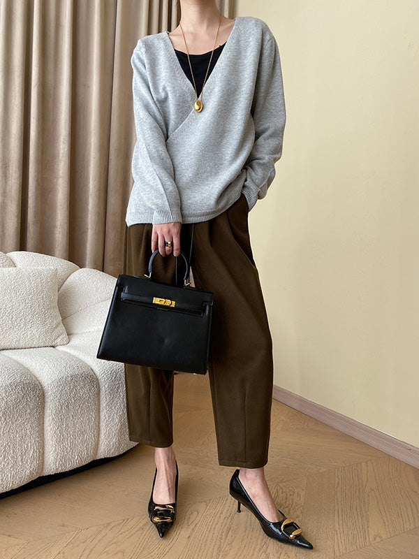 xakxx Long Sleeves Loose Asymmetric Buttoned V-neck Sweater Tops