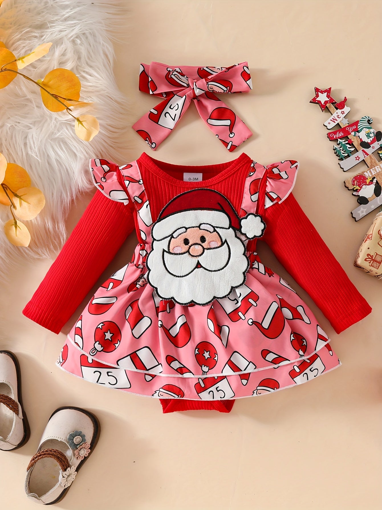 Baby's Christmas Element Patchwork Faux Two-piece Ribbed Long Sleeve Romper Dress + Hairband, Infant & Toddler Girl's Dress For Daily Wear/Holiday/Party, As Gift
