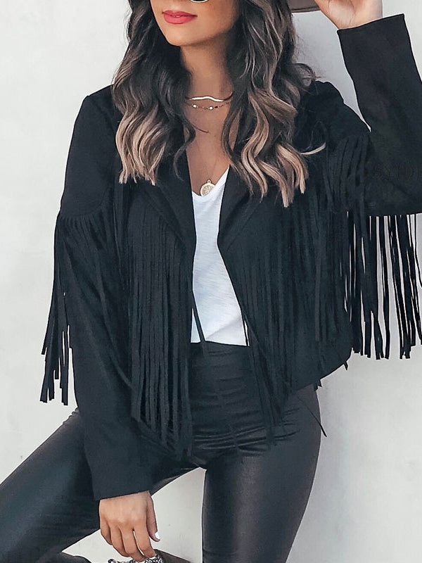 xakxx Long Sleeves Solid Color Split-Joint Tasseled Notched Collar Jackets