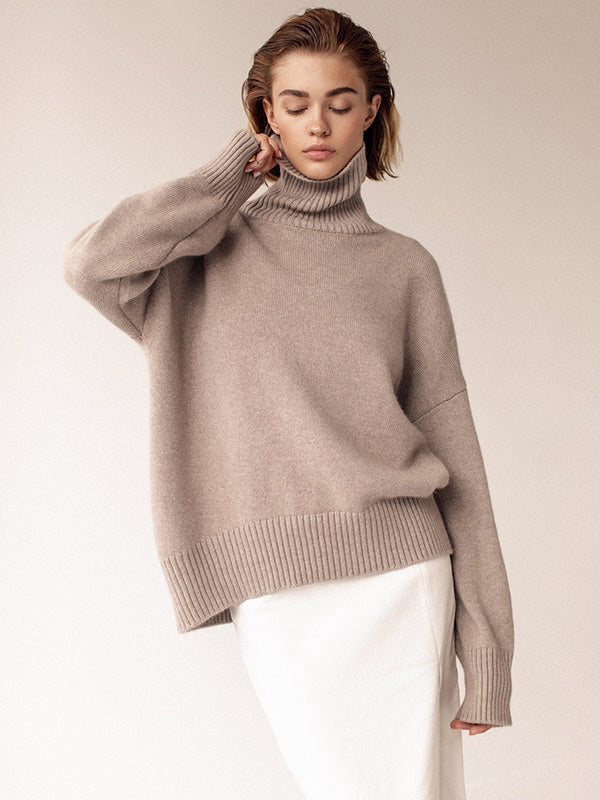 xakxx Casual Long Sleeves Loose Solid Color High-Neck Sweater Tops