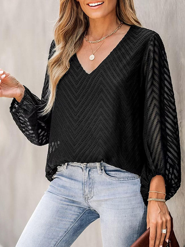 xakxx Loose Puff Sleeves Jacquard Pleated See-Through Split-Joint V-Neck T-Shirts