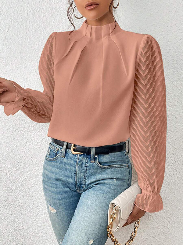 xakxx Long Sleeves Loose Elasticity Mesh Pleated Solid Color Mock Neck Blouses&Shirts Tops