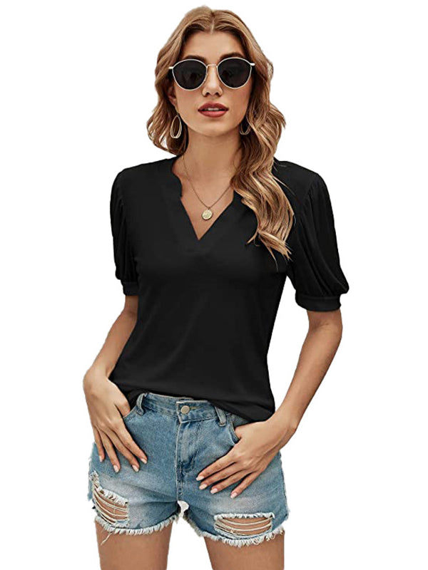 xakxx Simple Solid Color V-Neck Puff Sleeves T-Shirt Top