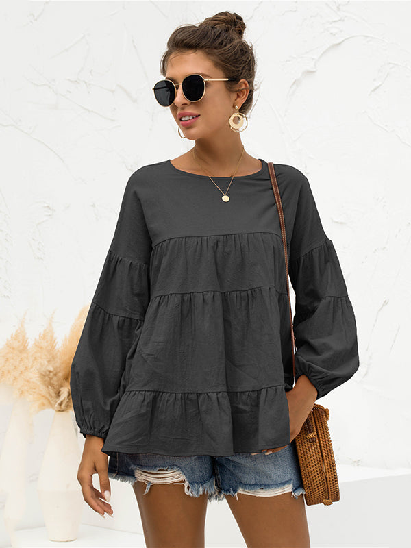 xakxx Casual Long Sleeves Puff Sleeves Solid Color Round-Neck T-Shirts Tops