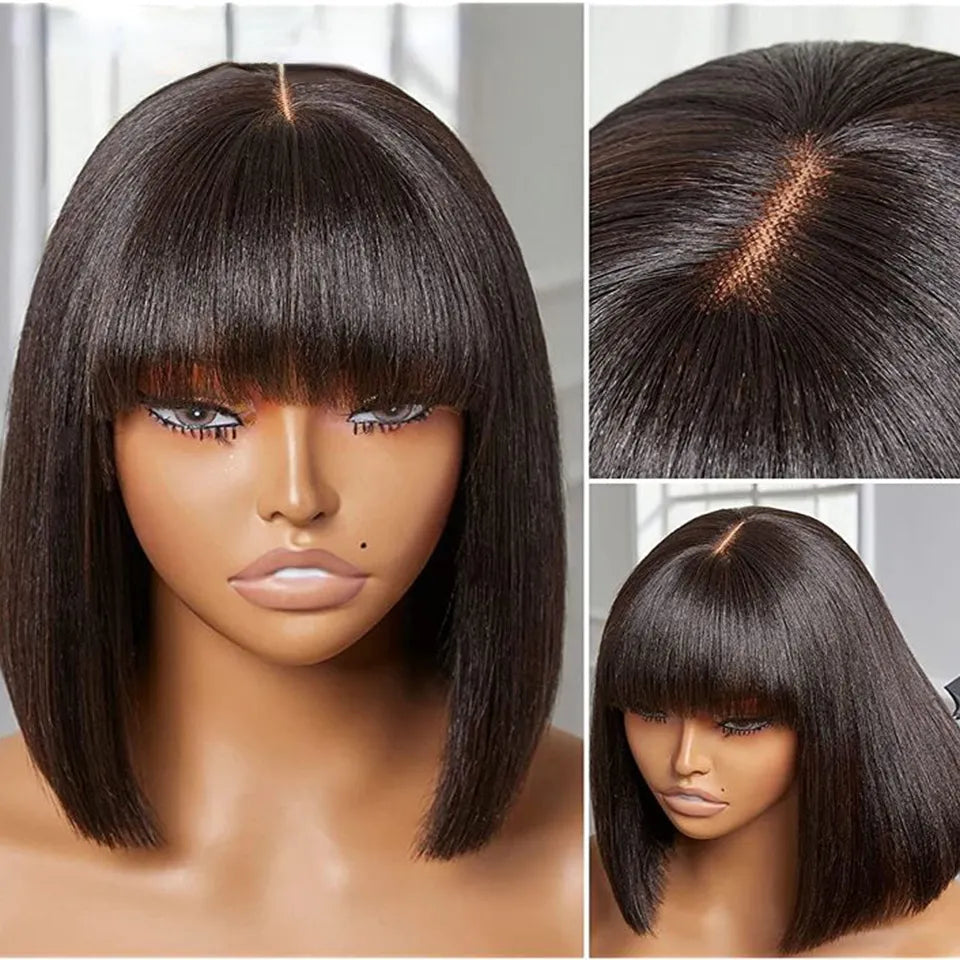 Straight Bob Wig with Bangs Bone Remy Human Hair Wigs for Women Brazilian Hair Straight Full Lace Wigs Bob Fringe Wig